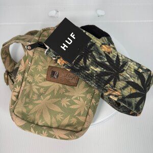 Bundle HUF Cannabis Print Crew Socks w/Leaf Print Crossbody Bag Adjustable Strap